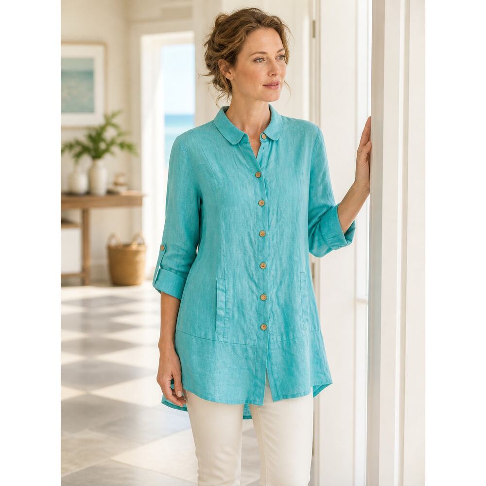Soft Surroundings Island Breeze 100% Linen Teal Tunic Shirt XS